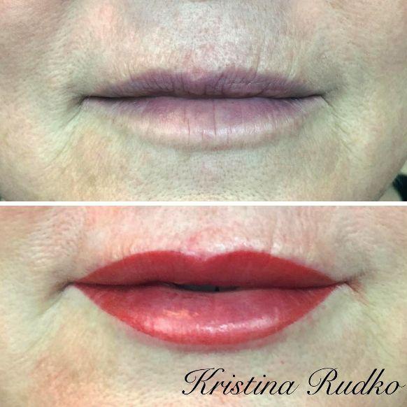 Permanent makeup for aged lips before and after the procedure.